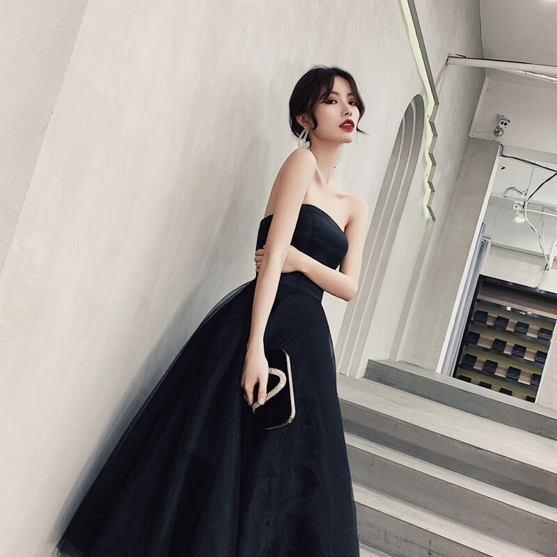 大人気上昇 パーティードレス 黒 ベアトップ プリンセスライン