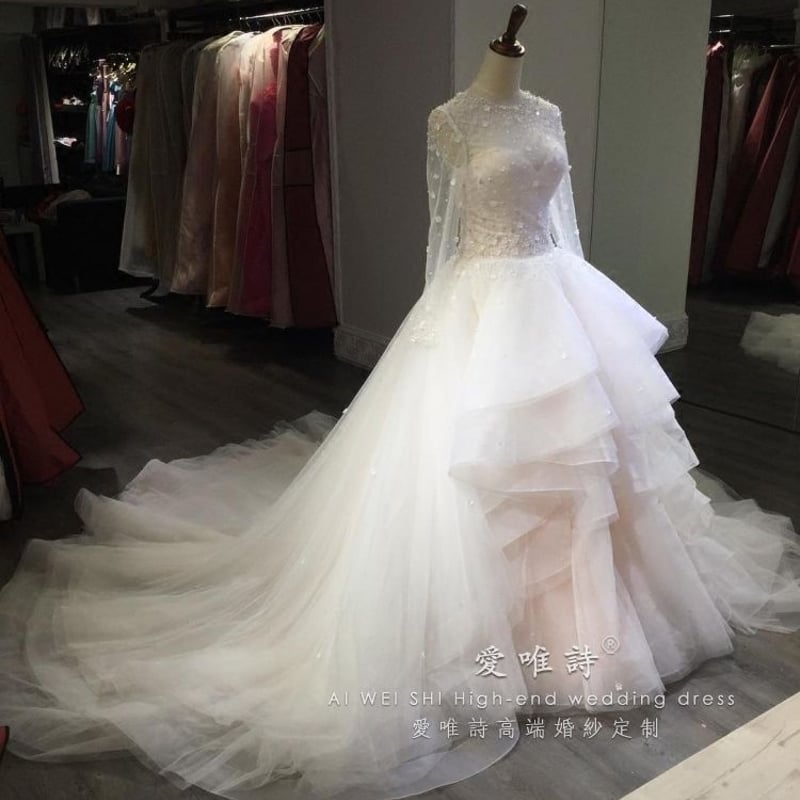 ウエディングドレス Aライン ソフトチュール 長袖 高品質 華やか 結婚  