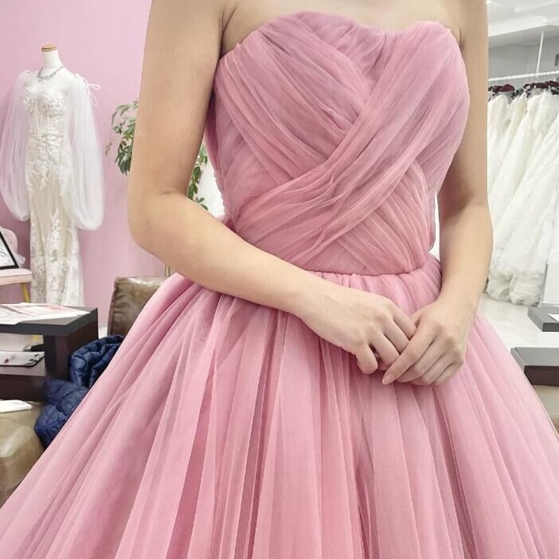 カラードレス ピンク紫 ベアトップ サッシュベルト 柔らかく重ねた  