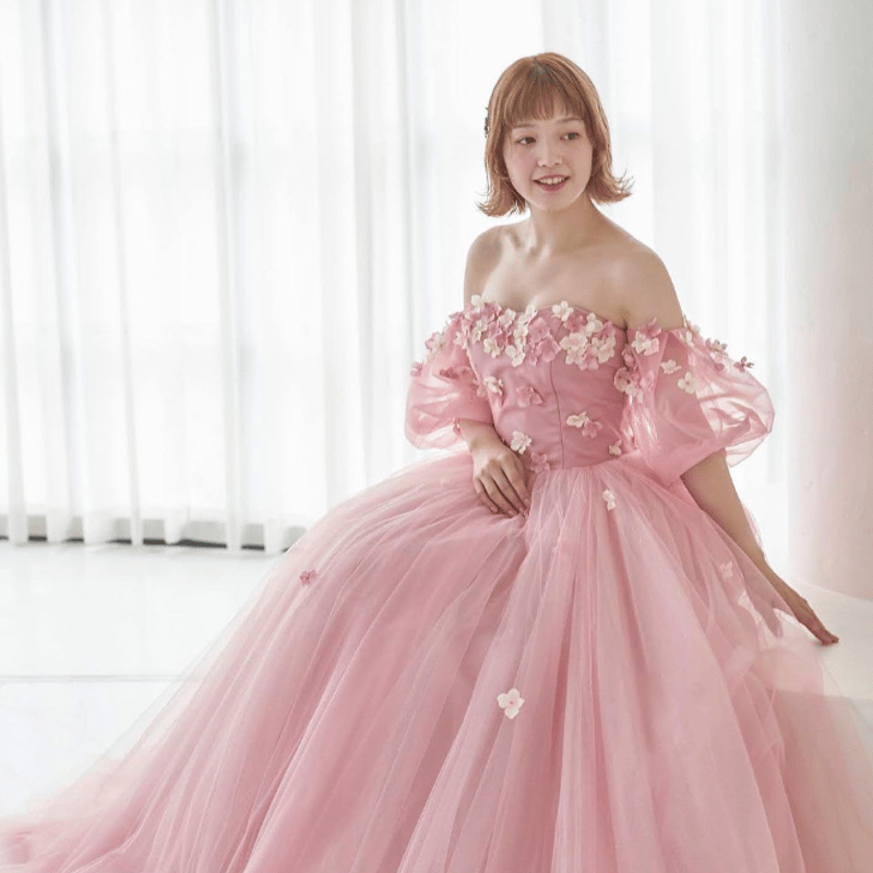 ピンク カラードレス フラワー刺繍 ウェディングドレス 結婚式 ピンク