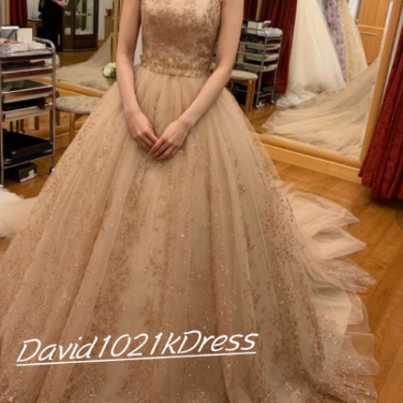 高品質！ ウェディングドレス シャンパン色 キラキラチュール 挙式  