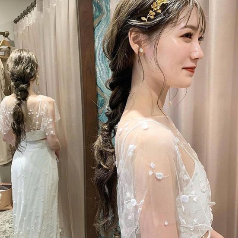 美品！ ウエディングドレス ホワイト ツーピース シースルー袖可憐な花 