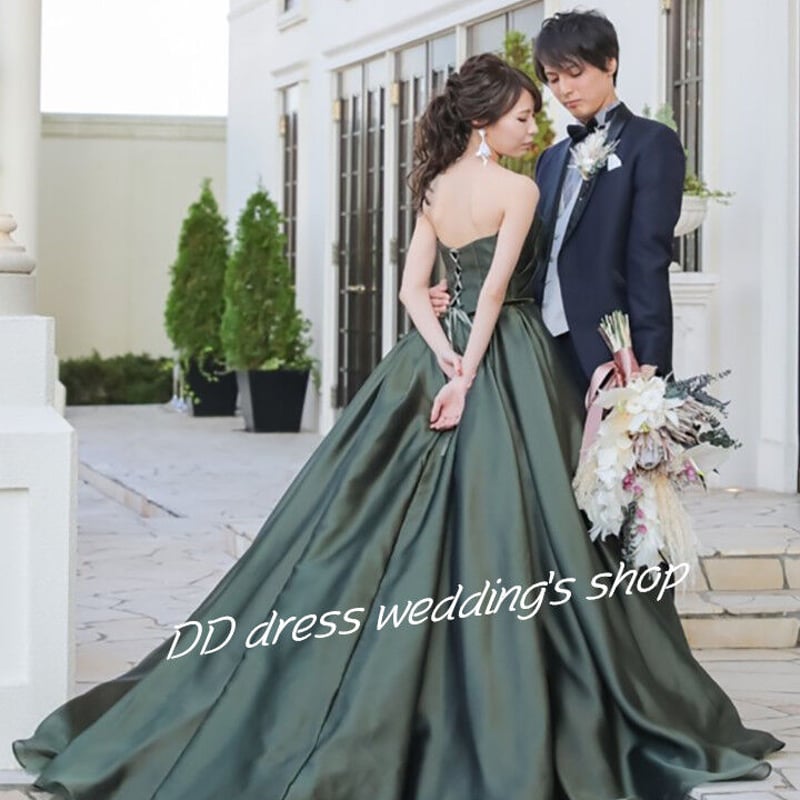 エレガント グリーン サテン ロングドレス 人気上昇 パーティードレス エレガント 緑 ベアトップ 光沢