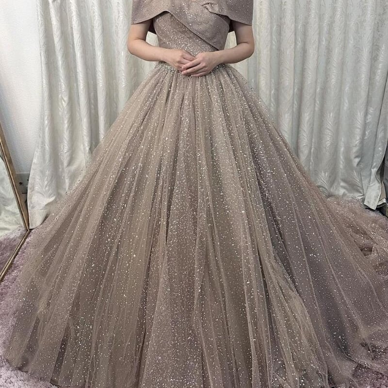 カラードレス カーキ色 オフショルダー 編み上げ キラキラグリッター  