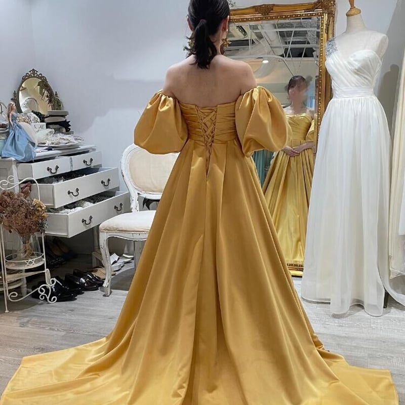 パーティードレス イエロー パフスリーブ スリット ビスチェドレス  