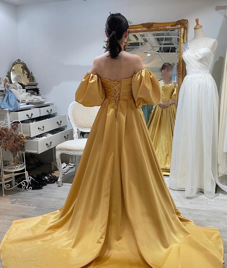 イエロー パーティードレス 使い セクシー 深Vネック パフスリーブ 2次会 