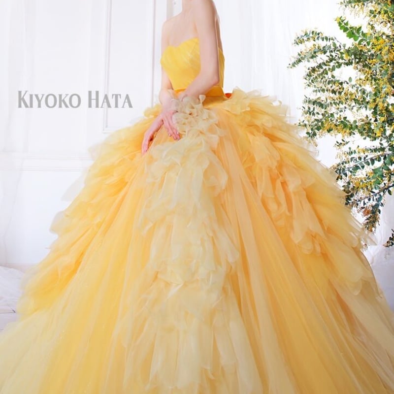 カラードレス 黄色い ベアトップ サッシュベルト ソフトチュール