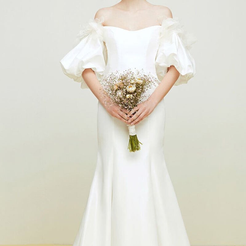 フランス風 オフショル ウエディングドレス 前撮り オフホワイト  