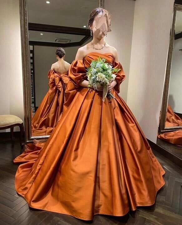 結婚式ドレス テラコッタ色 カラードレス トレーン オーダーメイド可能フォーマル/ドレス