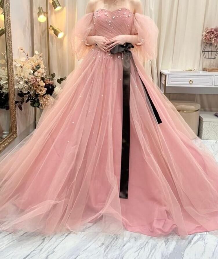 カラードレス ピンク ビーズ サッシュベルト プリンセスライン 可愛い