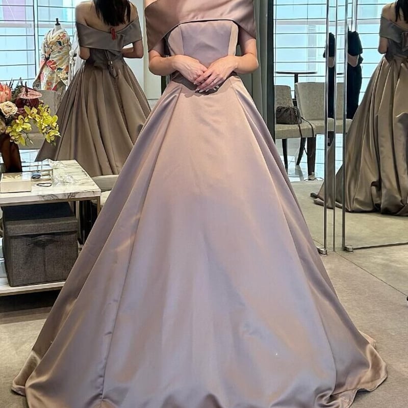 パーティードレス オフショルダー 光沢サテン ピンクソフィア  