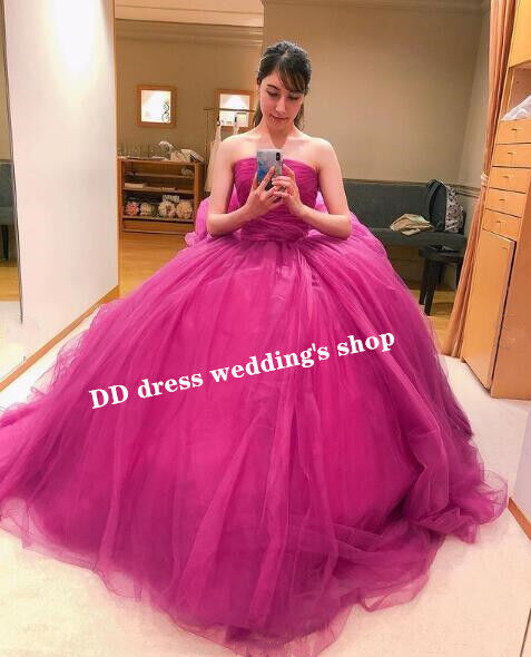 高品質！ ビビッドピンク ベアトップ カラードレス プリンセスライン  