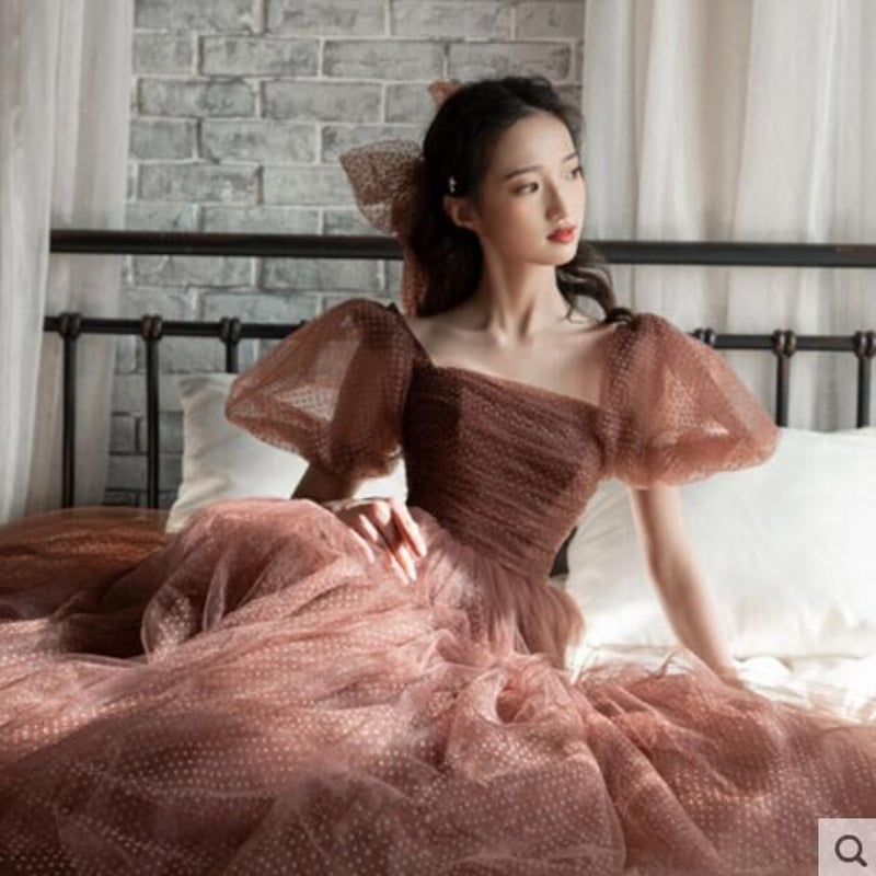 高品質！パーティードレス大人気上昇 ソフトチュール パフスリーブ  