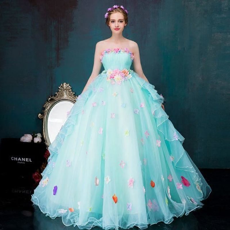 水色 カラードレス ロング ウエディングドレス オフショルダー ドレス  