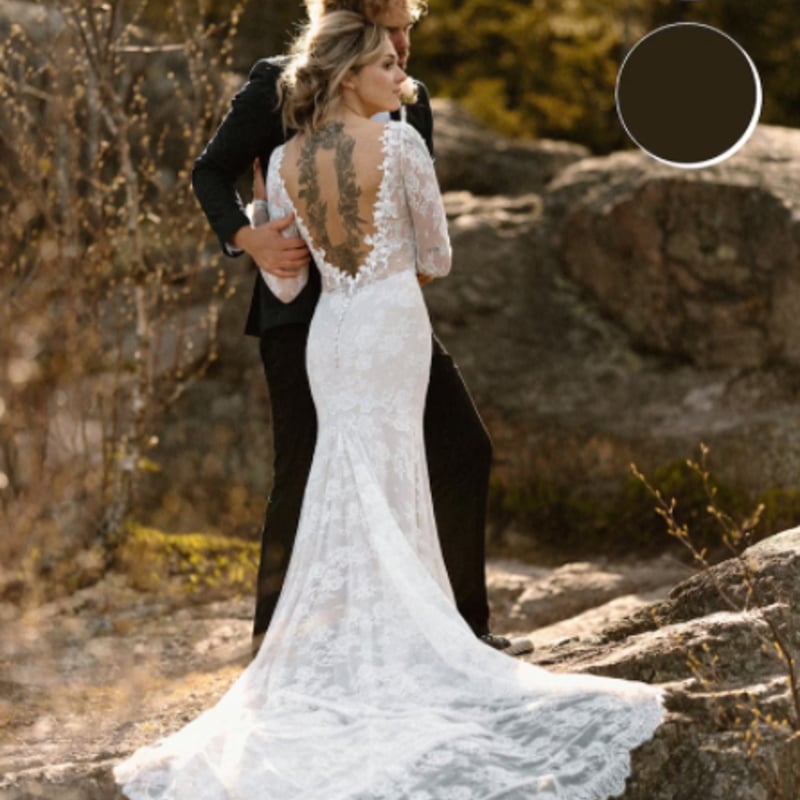 繊細レース ドレス 総レース マーメイドライン ニトレーン 長袖 背中  