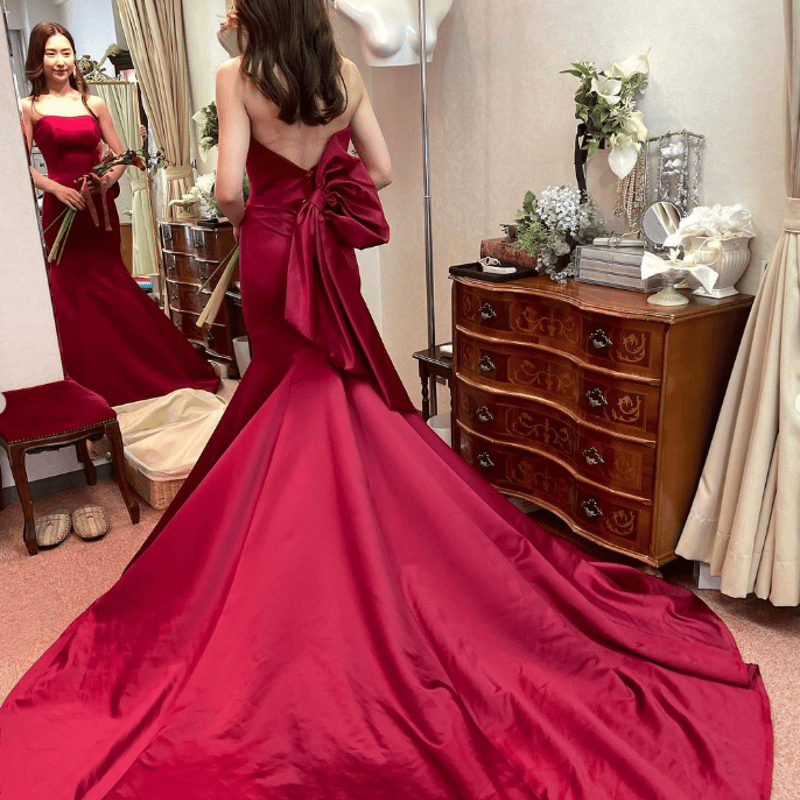 パーティードレス ふっくら柔らかなバックリボン ワインレッド  