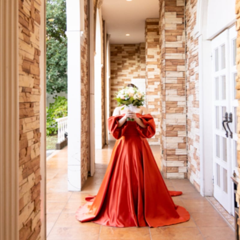 実例写真！ カラードレス テラコッタ色 取り外し可能な付け袖 光沢