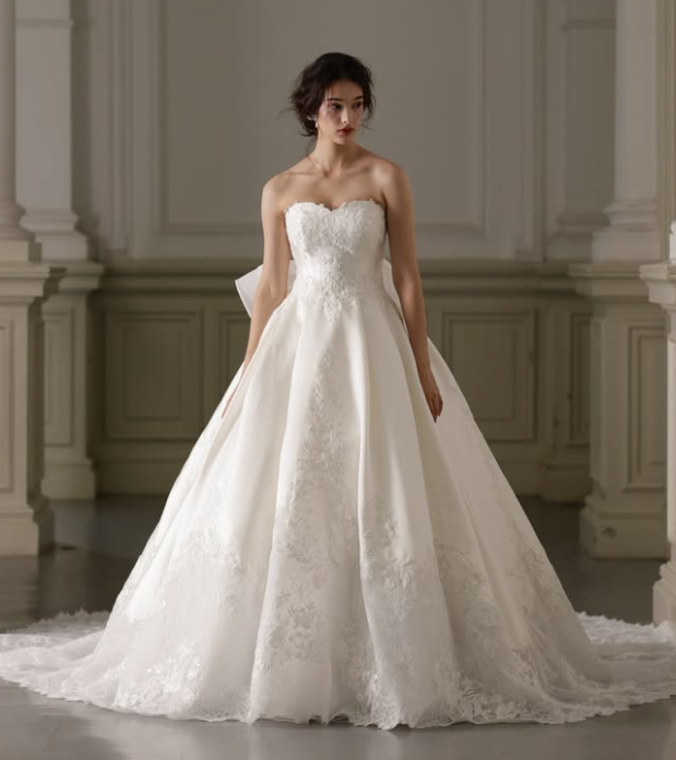 ウエディングドレス オフホワイト 立体ドレープ 光沢サテン