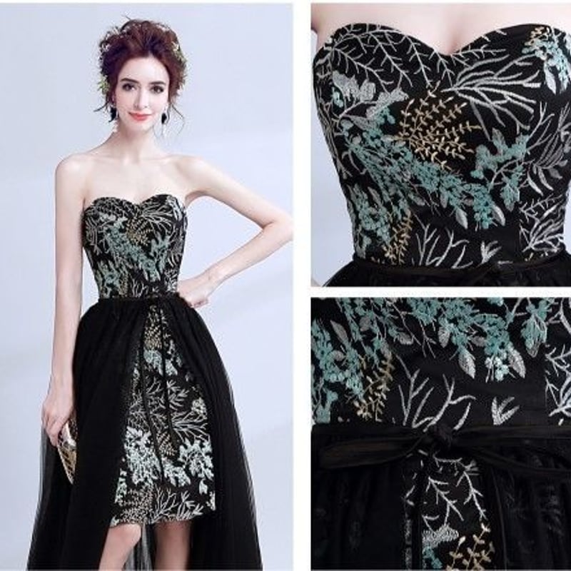 カラードレス 黒 繊細レース 花柄のモチーフ刺繍が美しく ベアトップ