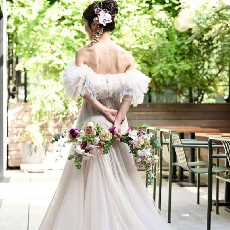 高品質！ カラードレス 薄ピンク オフショルダー チュールスカート