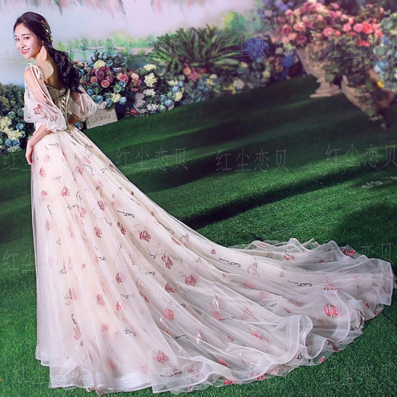 カラードレス ピンク 上質オーガンジー プリンセスライン トレーン  