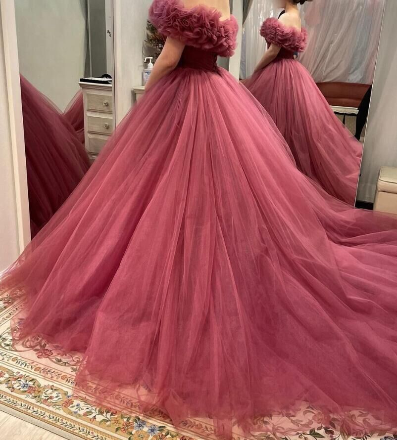 カラードレス ピンク紫 オフショルダー チュールスカート 優雅な ...