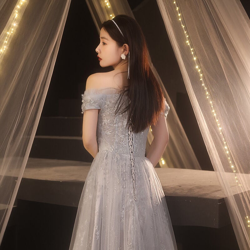 高品質！ フランス風 グレー オフショル パーティードレス ソフト  