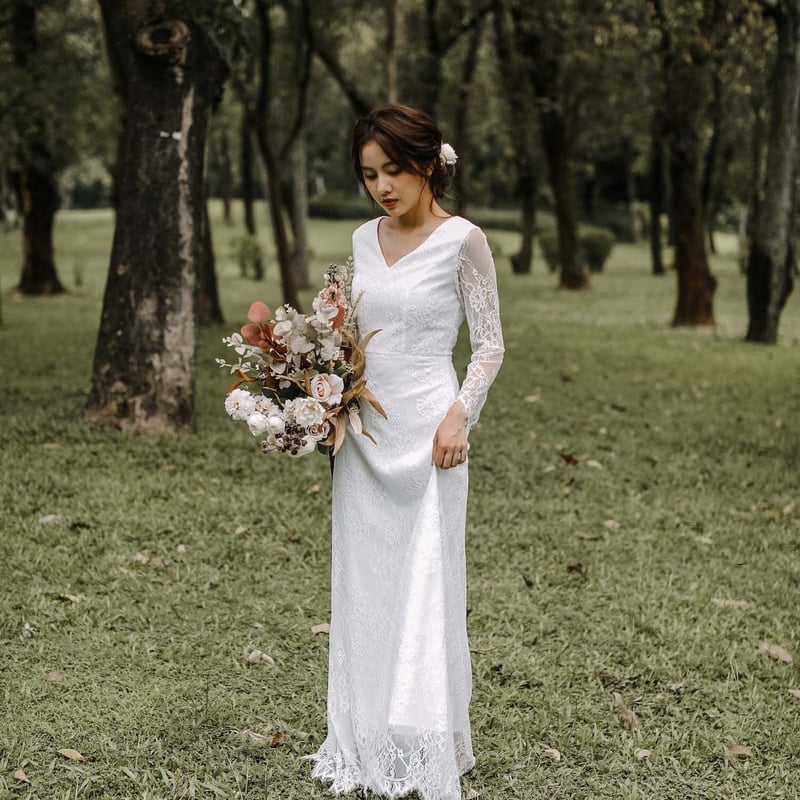 ウエディングドレス 二次会 白 結婚式 前撮り 袖あり レース刺繍