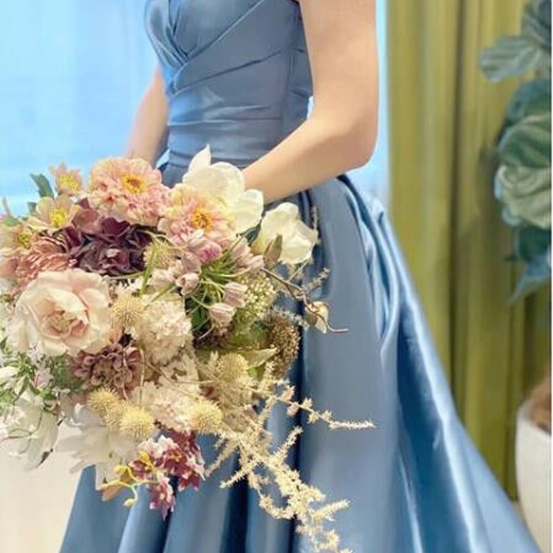 高品質！パーティードレス ブルーグレー ベアトップ 光沢サテン 2次会  