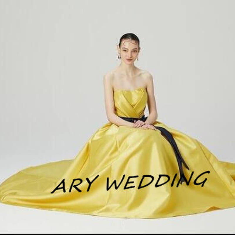 人気上昇 パーティードレス イエロー ベアトップ 2次会 挙式 光沢  