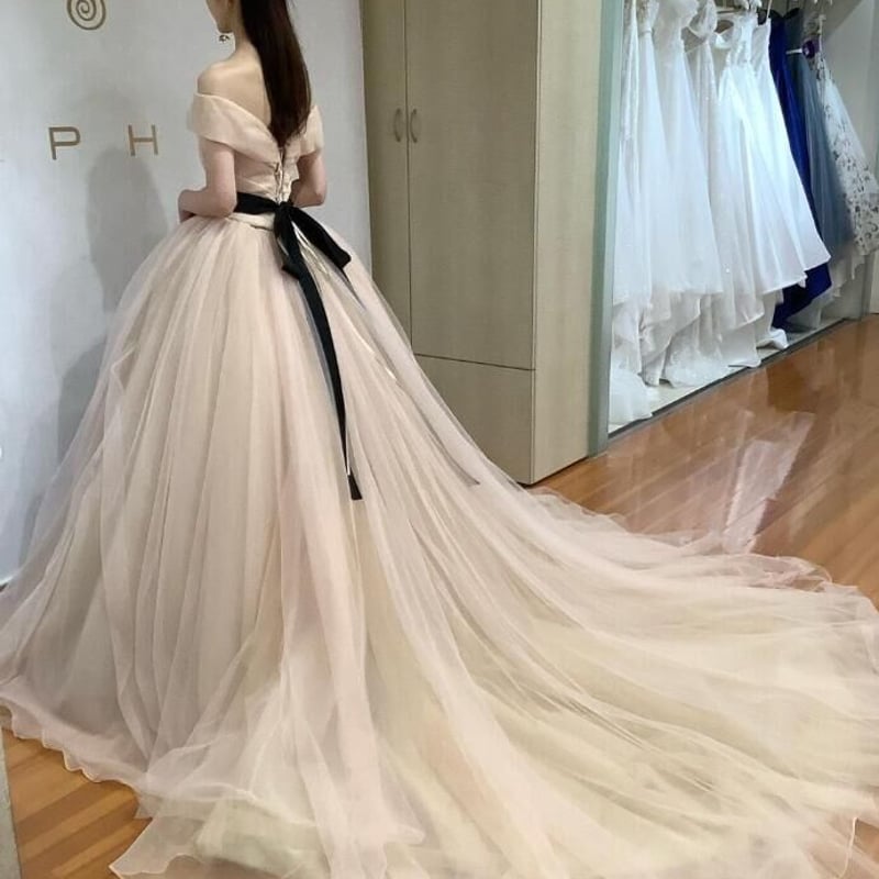 カラードレス オフショルダー サッシュベルト ソフトチュール 花嫁  