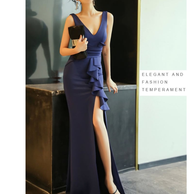 大人気上昇パーティードレス 紺 Vネックドレス スリット マーメイド  
