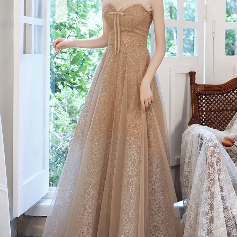 高品質！パーティードレス カーキ色 取り外しオフショルダー キラキラ  