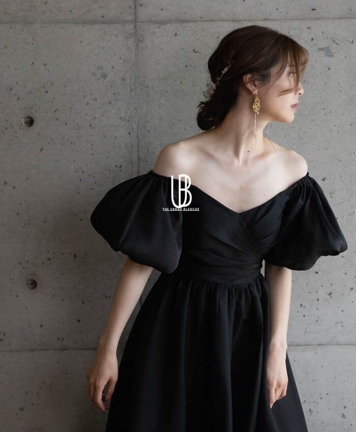 パーティードレス ブラック パフスリーブ 編み上げ Vネックドレス 演奏  