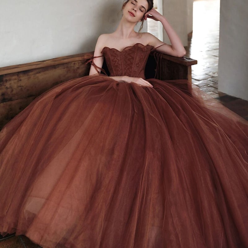 高品質！テラコッタ色 オフショル カラードレス ソフトチュール 2次会  