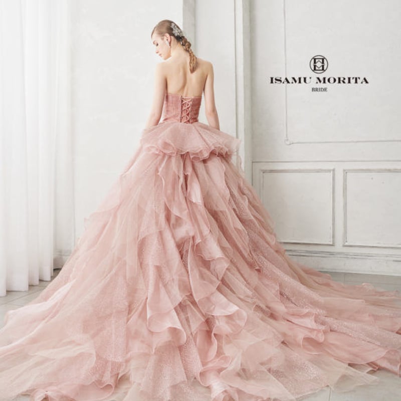 カラードレス ピンク ベアトップ キラキラチュール 華やかなトレーン  