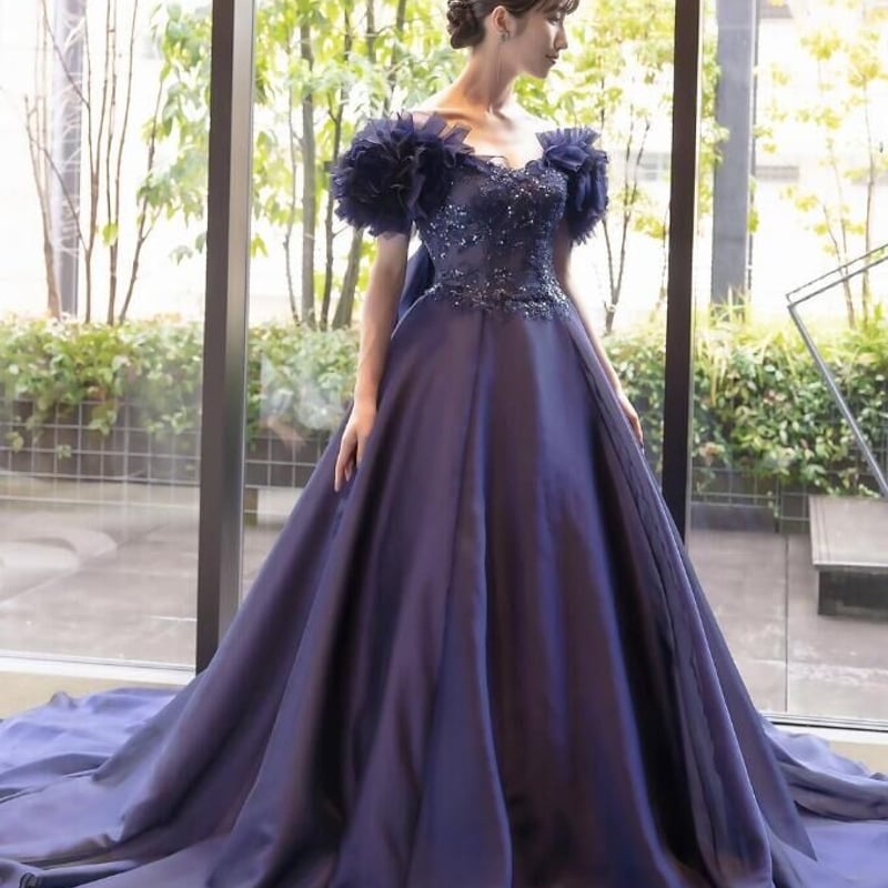 豪華！ パーティードレス ネイビー 上質オーガンジー 背中見せ  