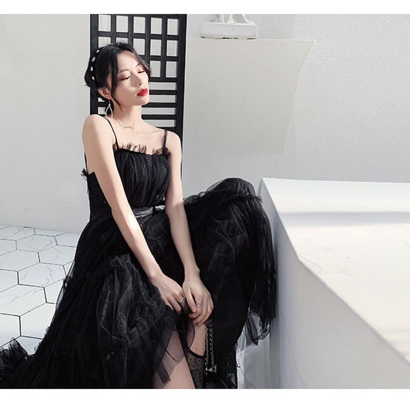 大人気上昇 パーティードレス 黒 キャミソール ソフトチュール 可愛い  