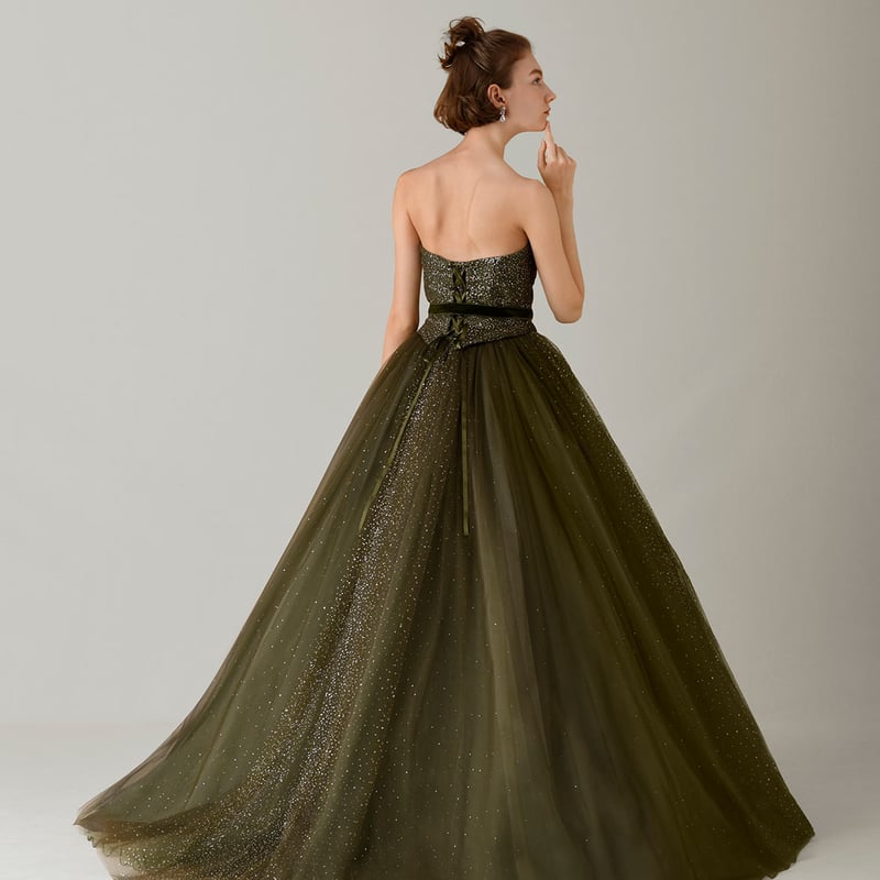 カラードレス 深めな緑 グリッター サッシュベルト 編み上げ Aライン  