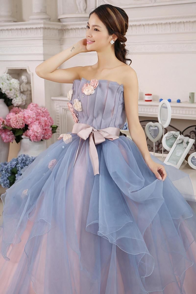 カラードレス グレー 上質オーガンジー ベアトップ プリンセスライン  