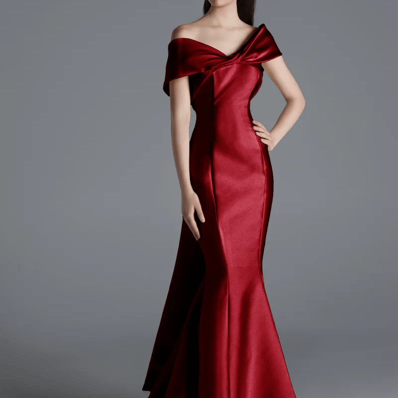 パーティードレス ボルドー色 マーメイドライン ラッフルフリル オフ  