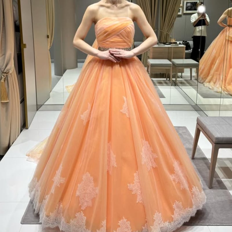カラードレス オレンジ ベアトップ ファスナー 美しい花レース