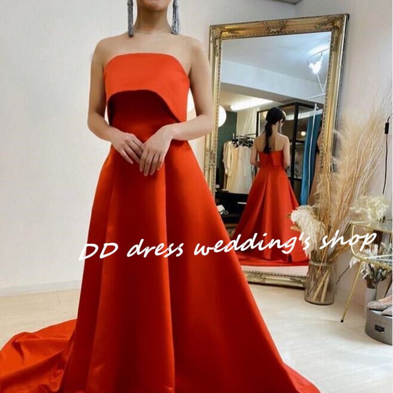 パーティードレス 築け オレンジ ベアトップ 快適な生地 編み上げ  