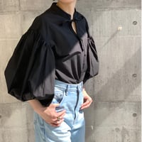 細リボンバルーンスリーブブラウス(ブラック)