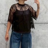 レイヤードサテンライクキャミ＋レースプルオーバー(ブラック)