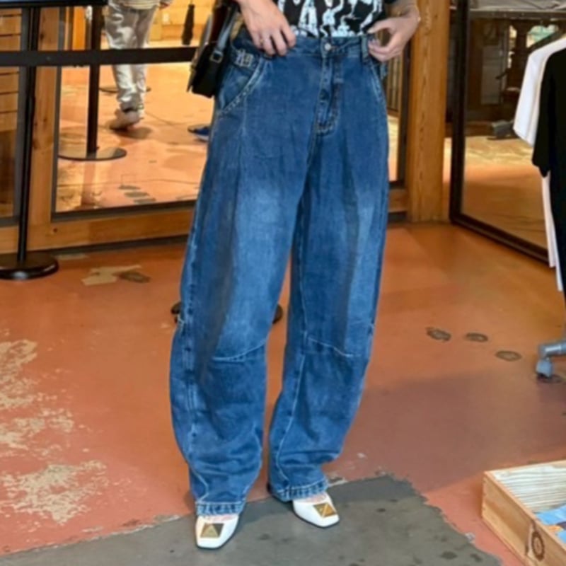 paulinebleu サイドベルトデザインコクーンワイドデニムパンツ　Mサイズ サイドベルトコクーンワイドデニム | myinemy's STORE