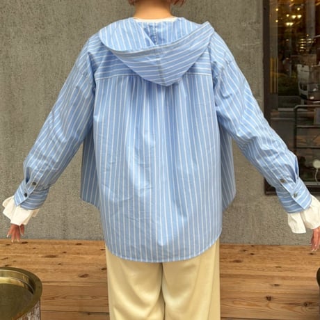 フード付きストライプシャツ(ブルー)