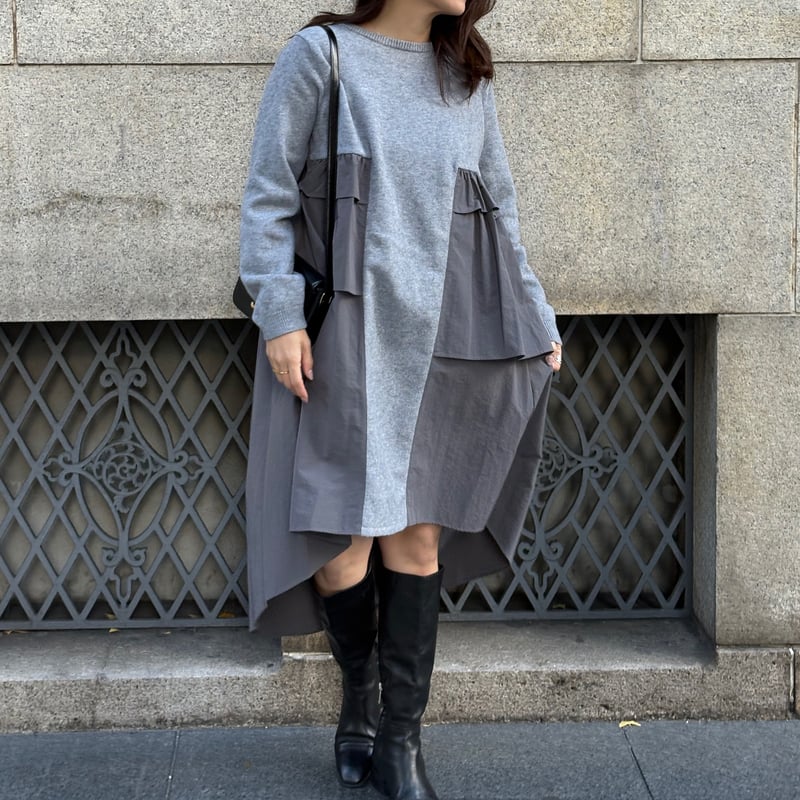 【ひなこ✨】アンミヌUNMINOU ドビーニットドッキングワンピースグレー ドッキングニットワンピース(グレー) | myinemy's STORE