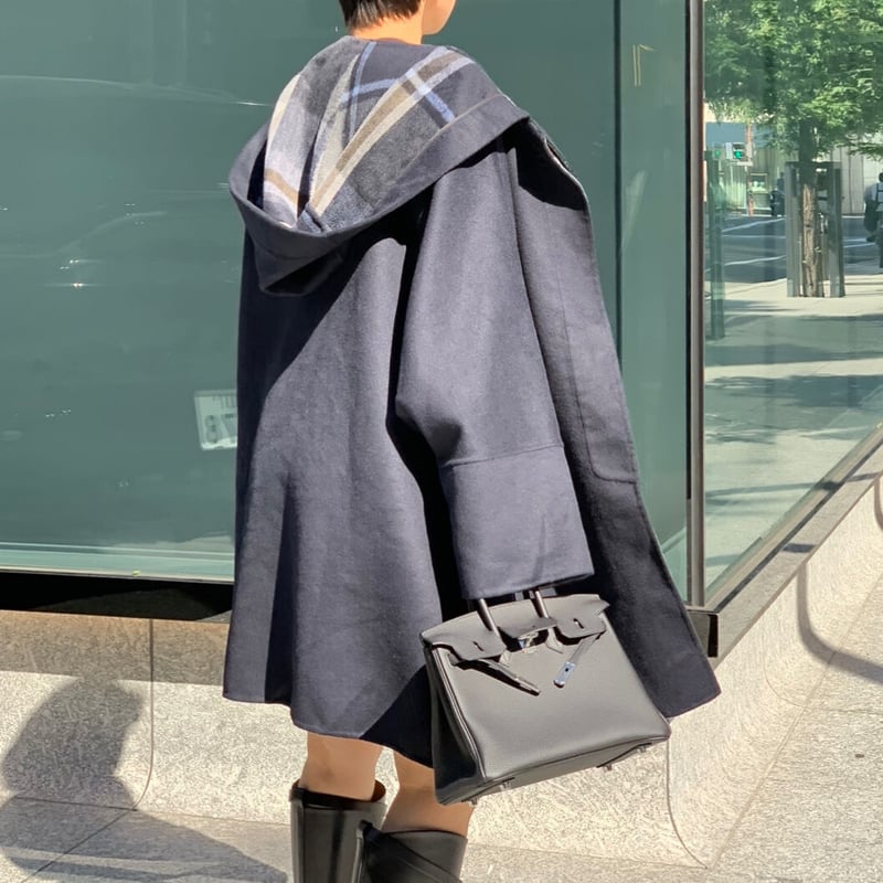 バックパターンチェックフードコート(ダークネイビー) | myinemy's STORE