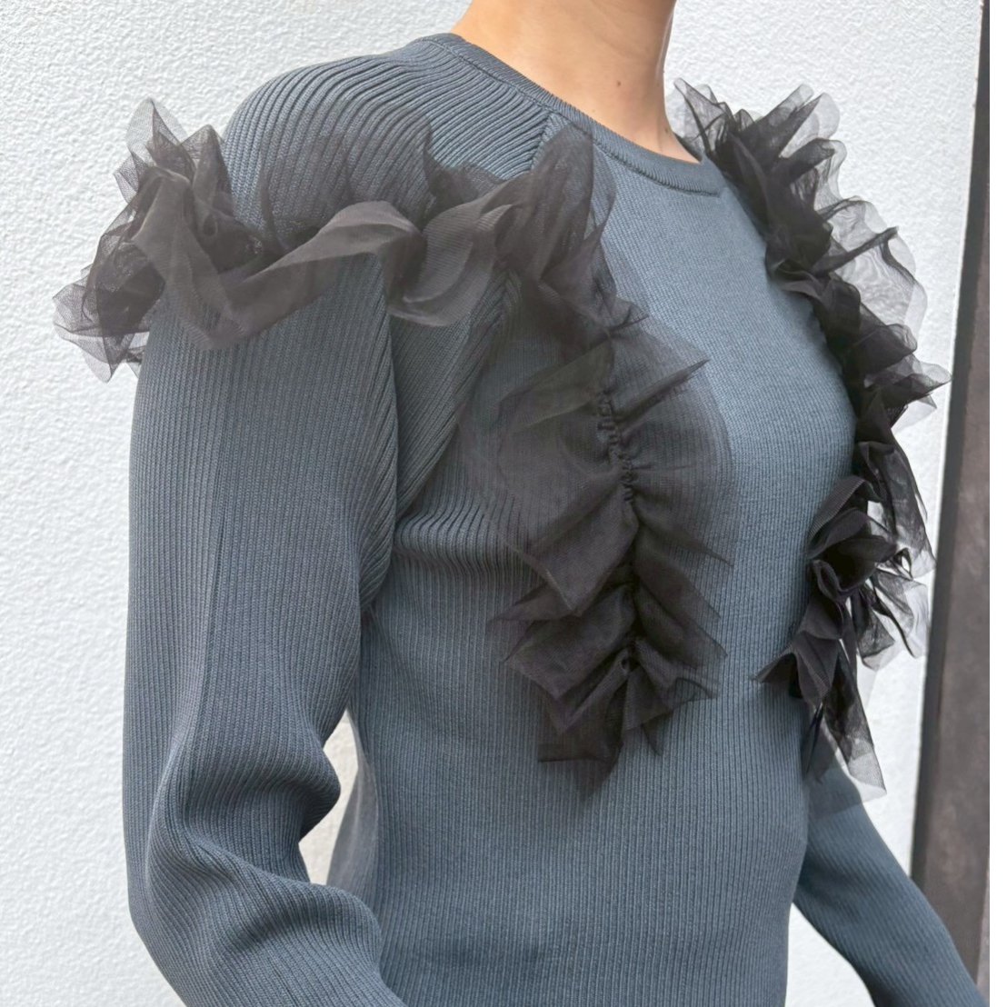 フリルドッキングニット(グリーン×ブラック) | myinemy's STORE